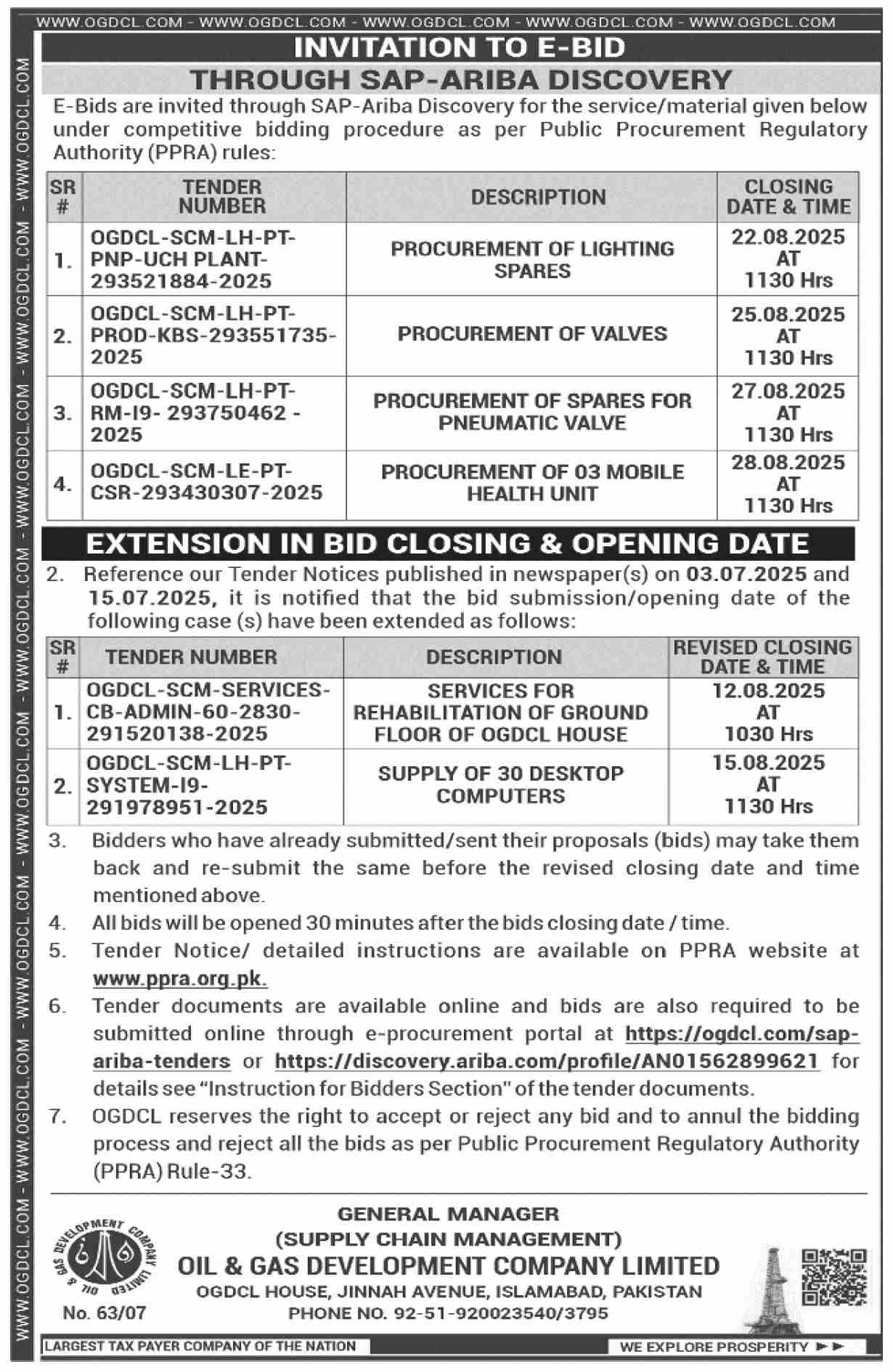 Oil & Gas Development Company Limited Islamabad Tender Notice